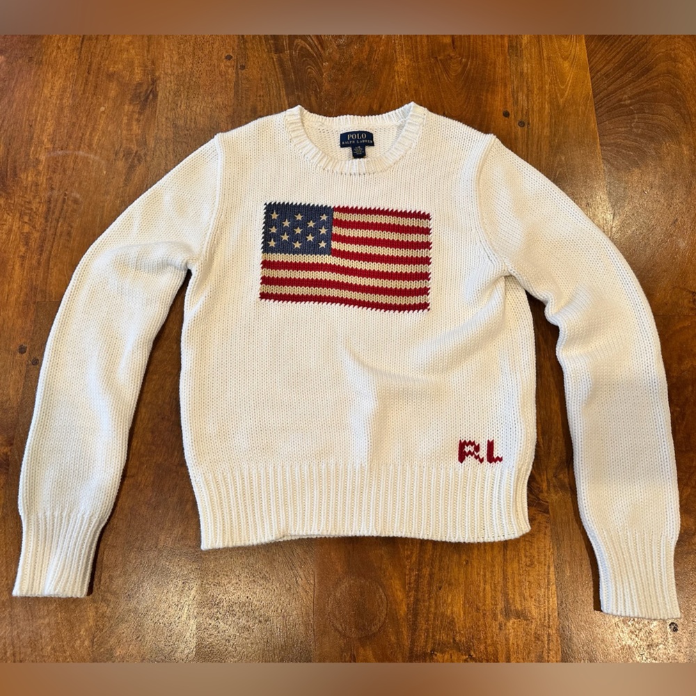 Kids Size 12-14 Girls White Flag Ralph Lauren Sweater